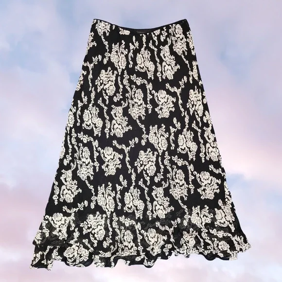 Y2k Black Off White Floral Mod Retro Long Midi Ruffle Layered Rayon Skirt 10 - Picture 1 of 4